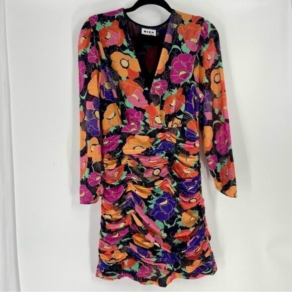 RIXO FLORALPRINTED EMPIRE MINI DRESS WITH GLITTER M - Picture 6 of 14